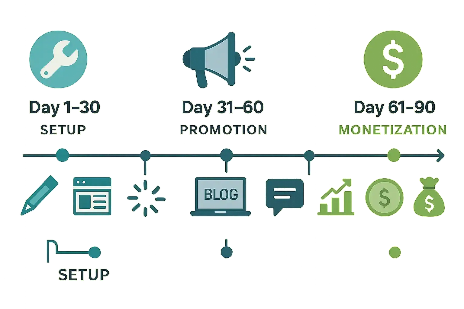 90-Day Business Plan: Setup, Promotion, Monetization. Timeline infographic.